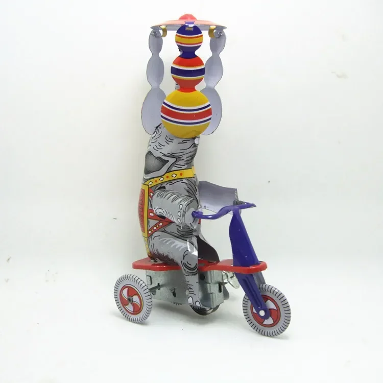 [Funny] Adult Collection Retro Wind up toy Metal Tin circus acrobatics elephant on tricycle Mechanical Clockwork toy figure gift