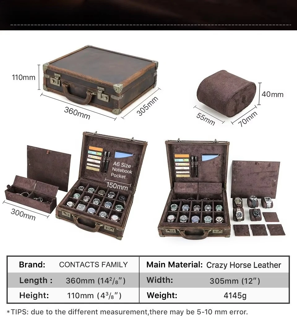Handheld Vintage Crazy Horse Leather Watch Box 15-Slot Multi-Functional Genuine Leather Jewelry Watch Organizer Protective Water