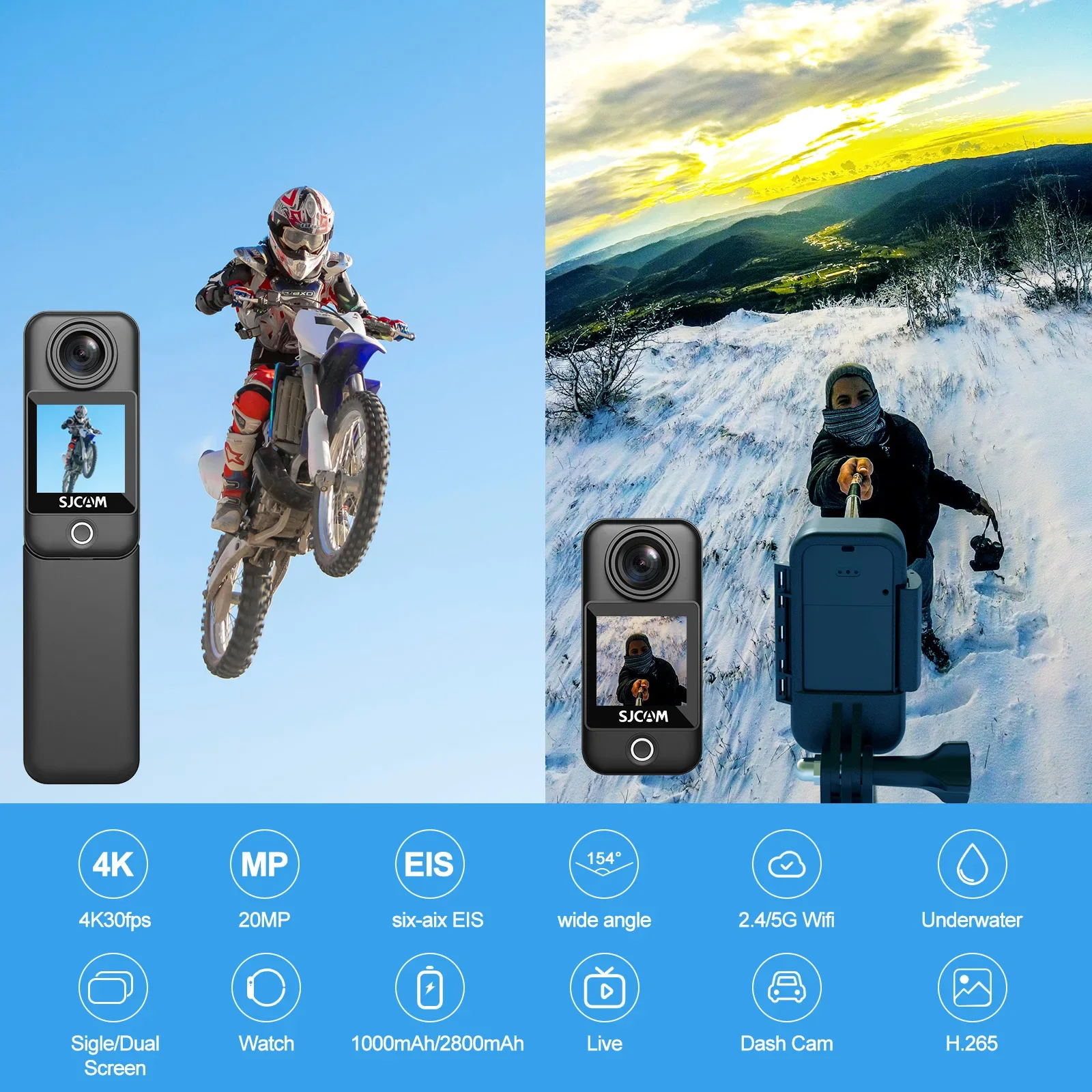 SJCAM C300 4K FHD Pocket Action Camera Long Battery Life 30M Waterproof 5G WiFi CMOS Imaging Sensor for Bike Sports