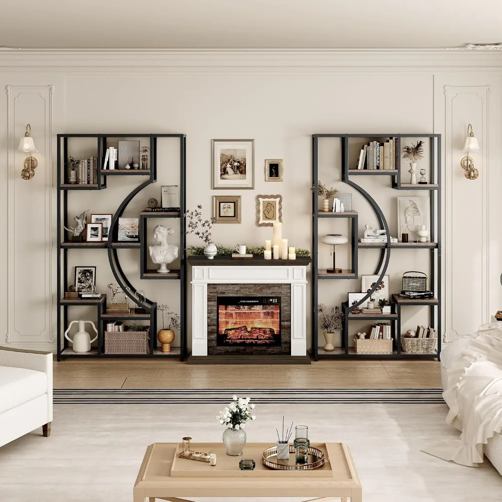 مجموعة أرفف كتب طويلة مكونة من رف عرض هندسي عريض مقاس 2.79 بوصة مع 18 رفًا تخزينًا مفتوحًا، وغسول رمادي مقاوم للخدش وإطار معدني