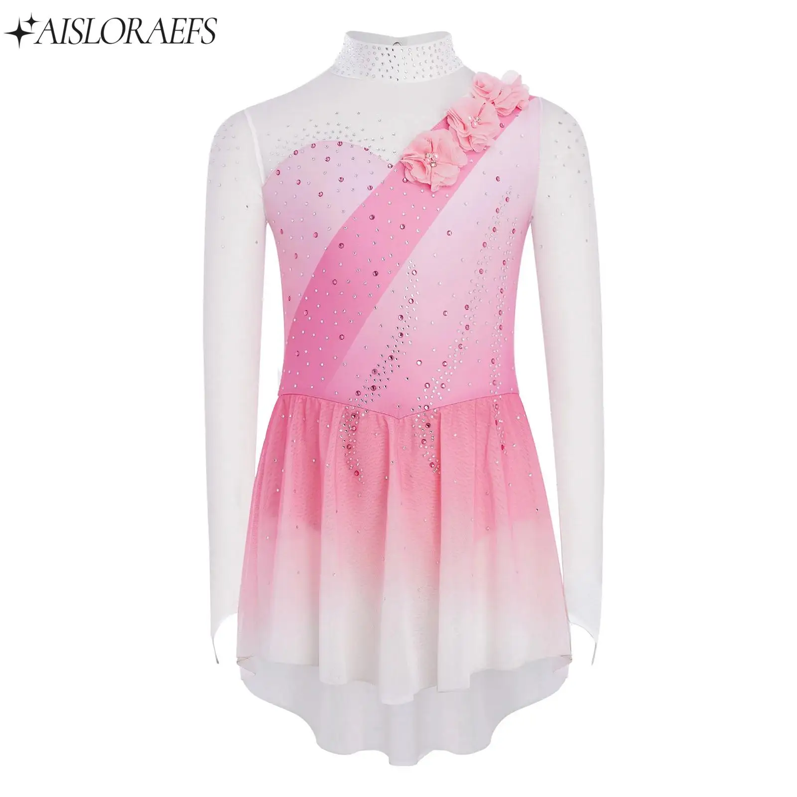 

Kids Girl Lyrical Contemporary Dance Dress Gymnastics Ballet Dance Figure Skating Costume 3D Flowers Rhinestones Dress Dancewear