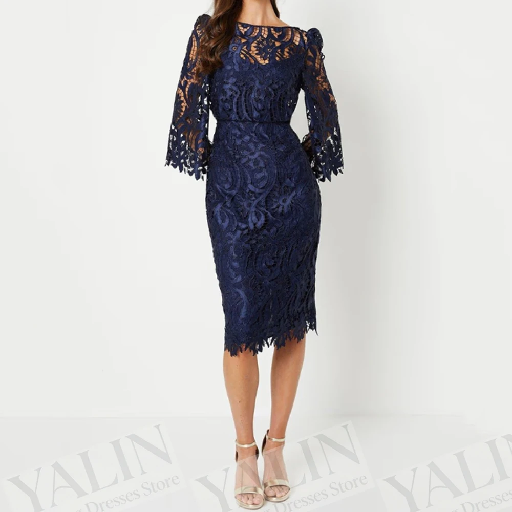 

Women's Straight Evening Dresses Tea-length Boat Neck Full Sleeve Prom Dresses Simple Fashion Lace Backless Customized Gowns