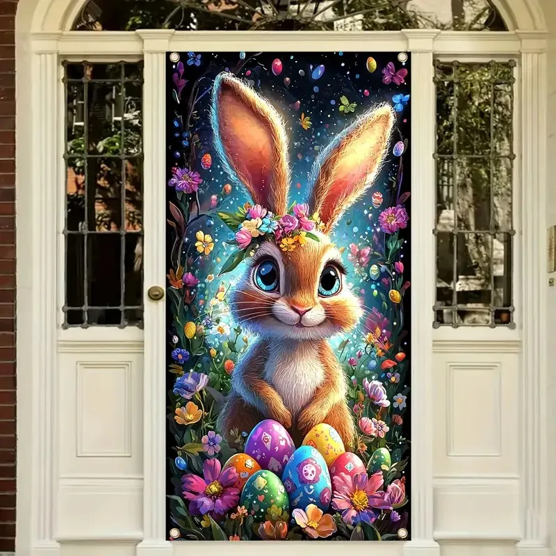 1pc, 2D door banner, Easter Bunny Door Cover banner, multi-purpose room/garden decor with Easter eggs and floral design