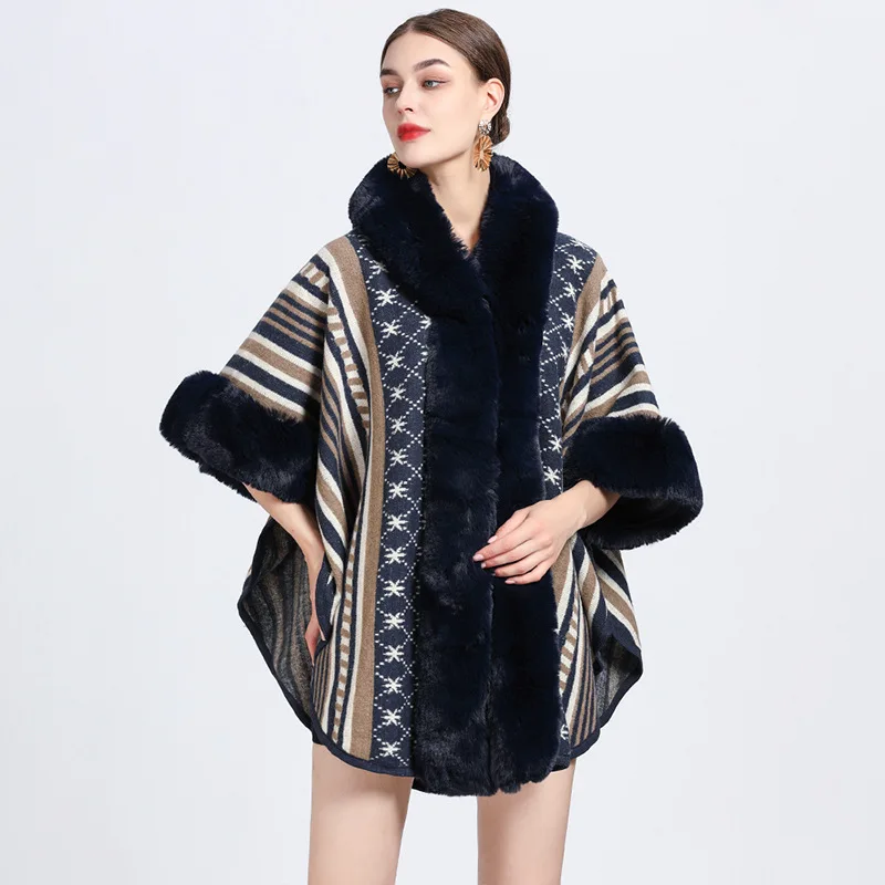 

Autumn Winter Fashionable Upscale Imitation Otter Rabbit Fur Cardigan Women Jacquard Weave Poncho Lady Capes Navy Cloaks