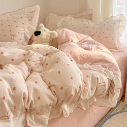 French Ins Princess Style Lace Four-piece Set Washed Cotton Embroidered Quilt Cover Set Bow Girly Heart Bed Sheet Three-piece