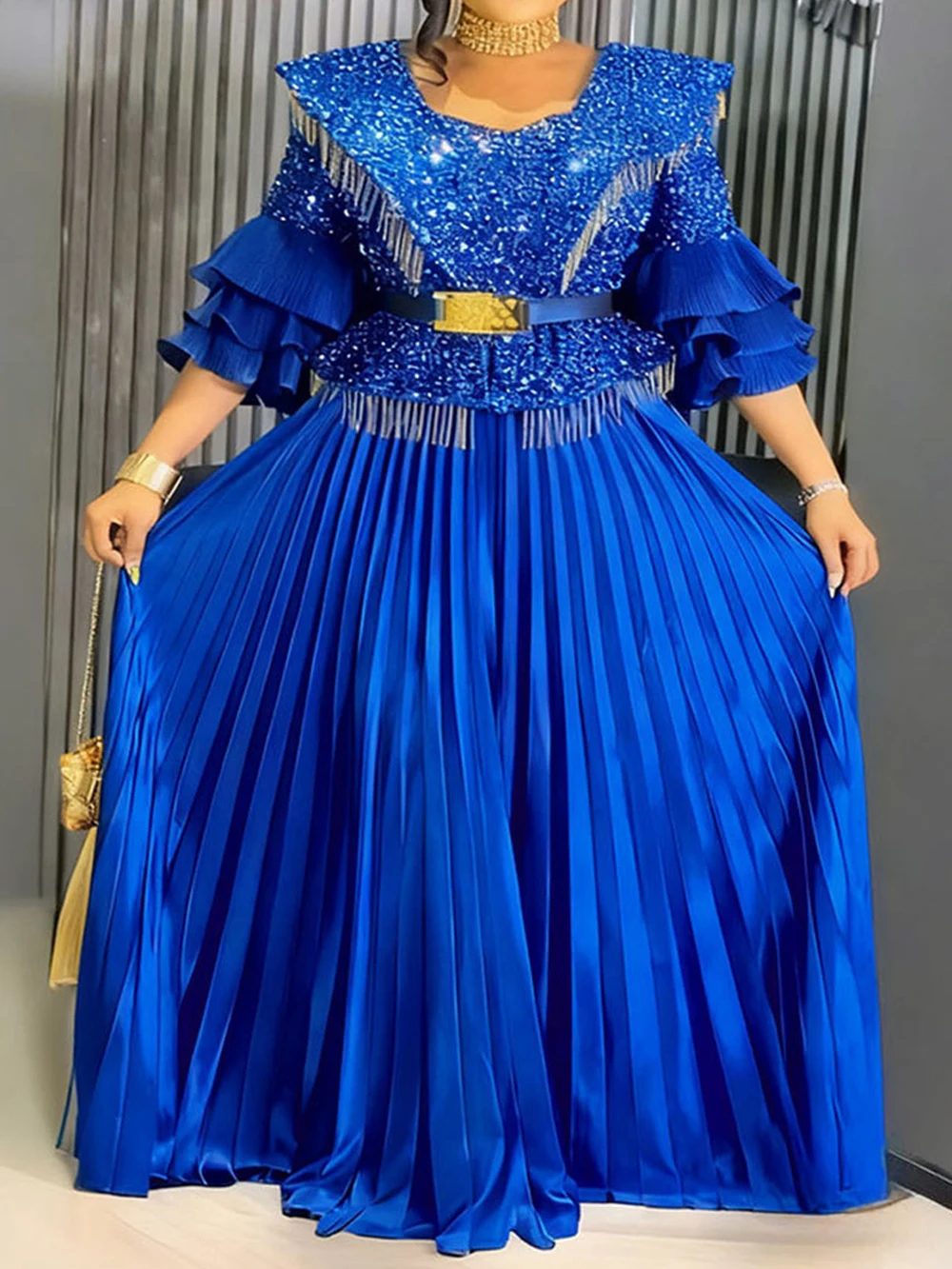 Ruffle Sleeve Dresses For Women Luxury Sequin Pleated Long Dress Wedding Party Evening Gown Birthday Elegant Ladies Clothing