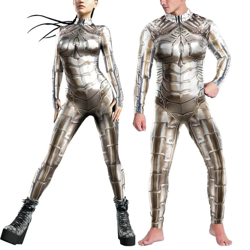 Adult Women Men Steampunk Armor Printed Zentai Bodysuit Long Sleeve Jumpsuit Halloween Party Festival Elastic Cosplay Costumes