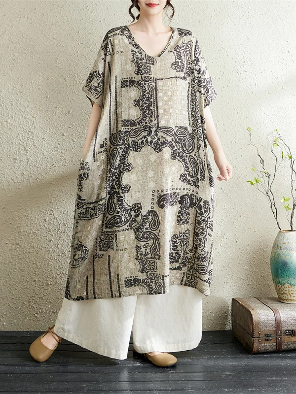 Elegant Loose Floral Print V-Neck Midi Dress Slimming City Walk Artistic Style Women's Summer Fashion Thin Material Straight Cut