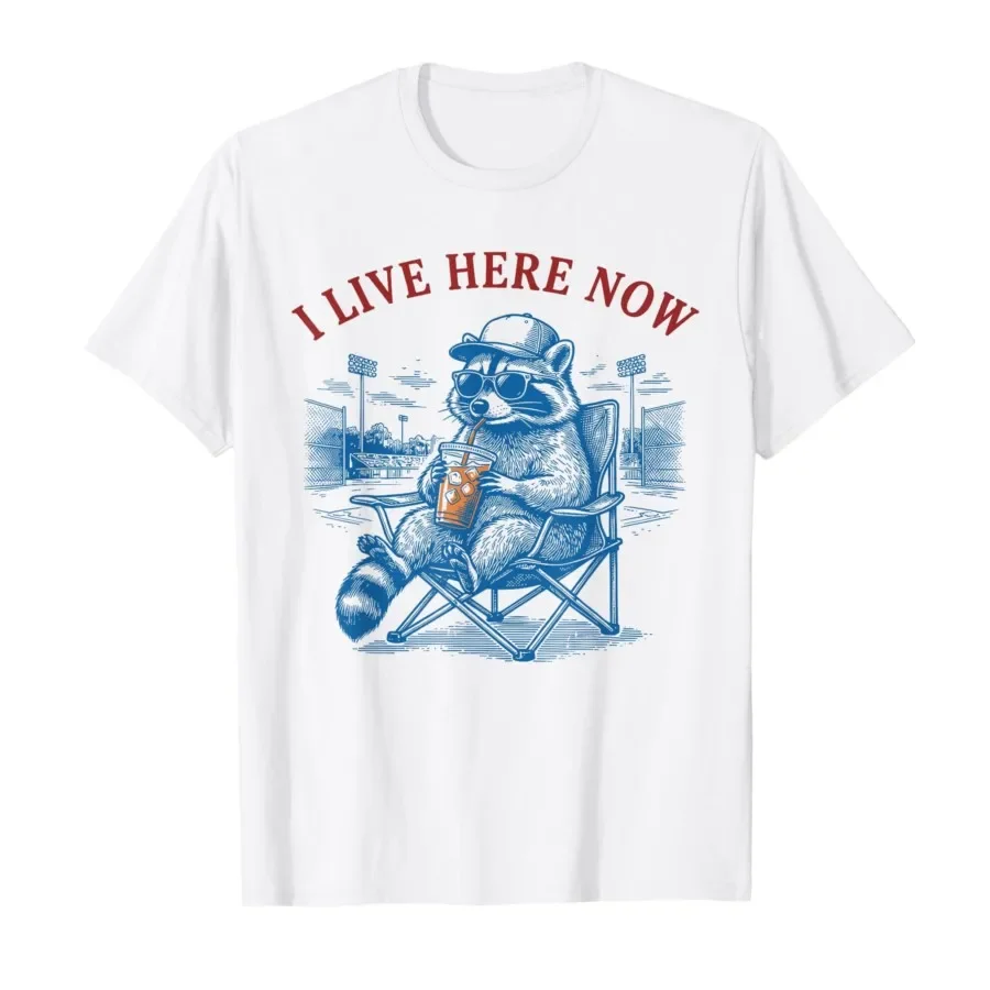 Trash Panda Iced Coffee Baseball Raccoon I Live Here Now T-shirt For Men Women 100% Cotton T Shirts Short Sleeve Tops 0410-2