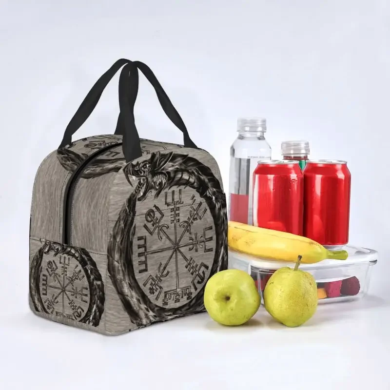 Ouroboros With Vegvisir Insulated Lunch Bag for Camping Travel Norse Dragon Viking Compass Cooler Thermal Bento Box Children