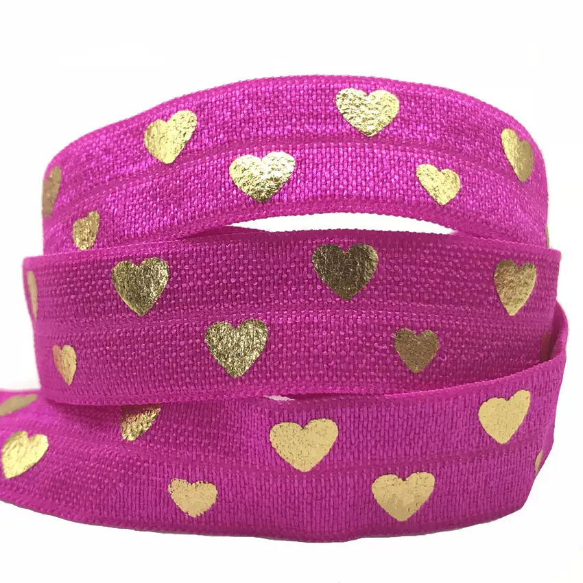 10yards 15mm Gold Foil Love Heart Print Fold Over Elastic FOE Ribbon Diy Headwear Tie Sewing Wedding Decoration Accessories