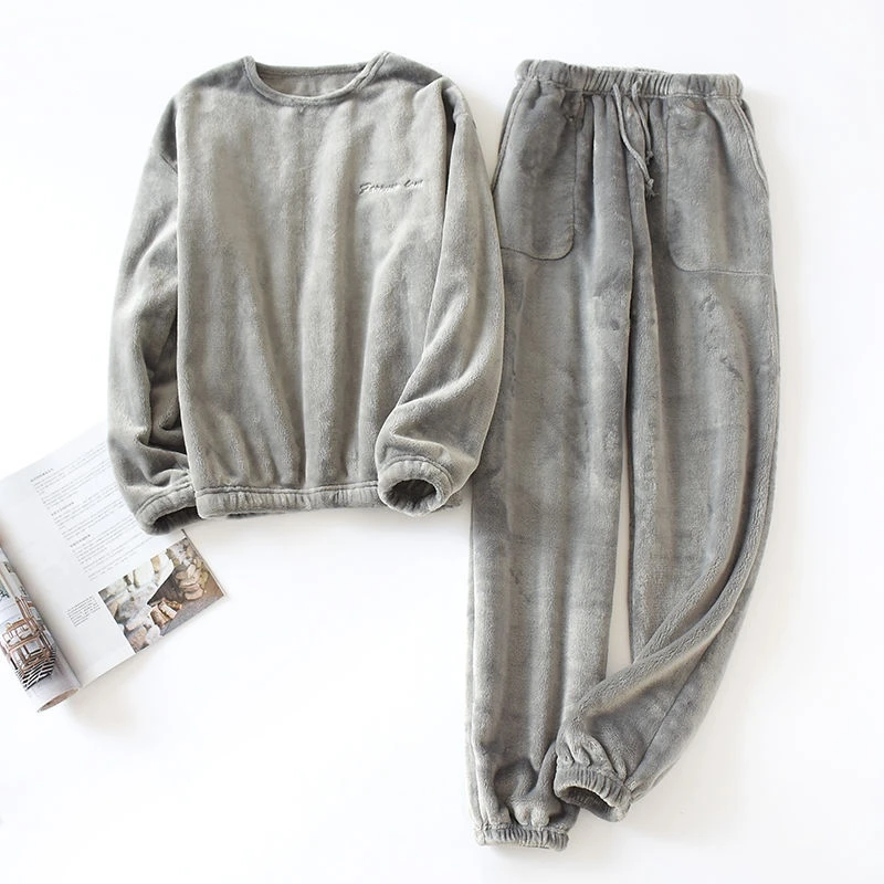 

Мужские простые стильные повседневные пижамные комплекты из 2 предметов, теплая фланелевая одежда для дома, однотонный топ с круглым вырезом и длинными рукавами, свободные брюки, зимний домашний костюм