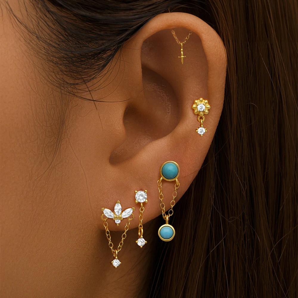CANNER 1PC S925 Sterling Silver Tassels Chain Zircon Flower Cartilage Piercing Flat Stud Earring for Women Tragus Jewelry Gifts