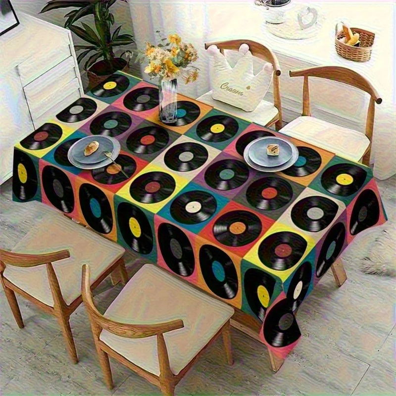 Vibrant Record Album Print Tablecloth Waterproof Dining Table Cover for Kitchen and Party Decor