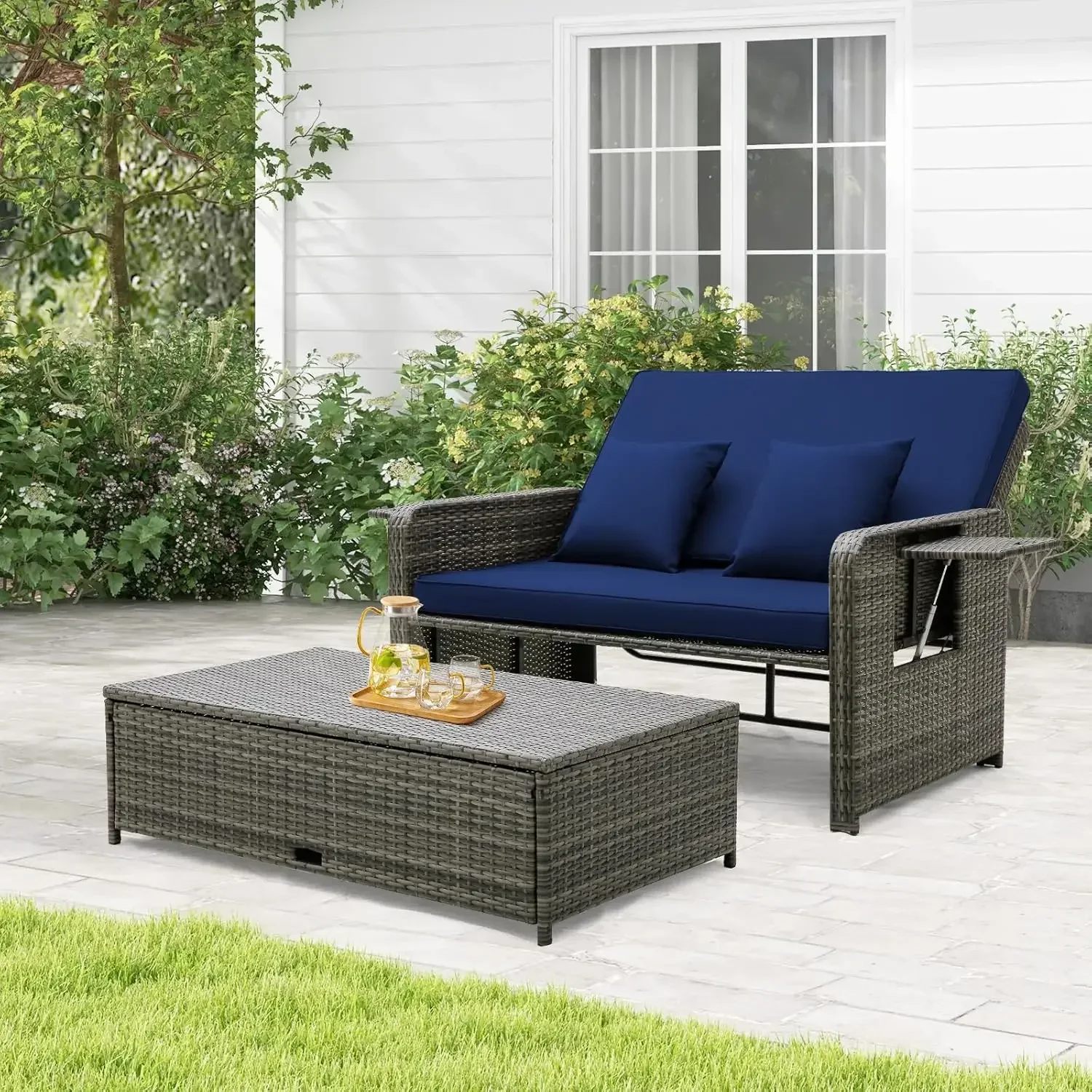 Set divano letto da patio in rattan, divano a due posti in vimini con pouf multiuso e vassoio laterale retrattile, cuscino per sedile e schienale inclusi