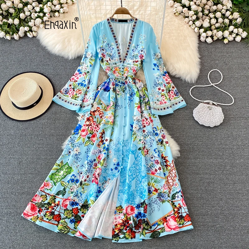 EHQAXIN Sexy Deep V-Neck Holiday Dress Summer Women's Long Flare Sleeve Buttons Up Floral Print Split Long Party Robes S-2XL