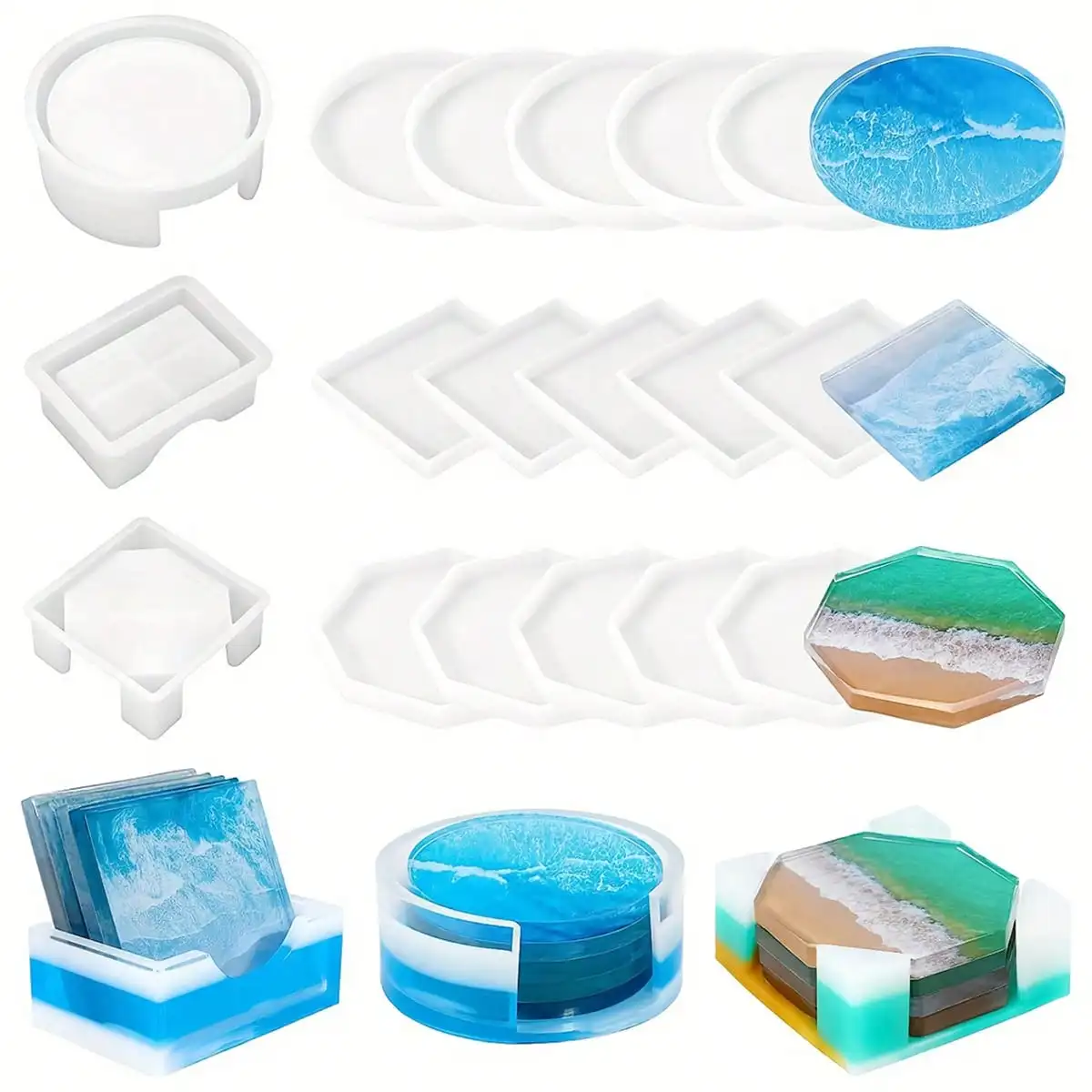 1Set Coaster Resin Silicone Molds, Round Square Octagon Holder Molds for Epoxy Resin Casting, DIY Art Craft Cup Mats Decor Gifts