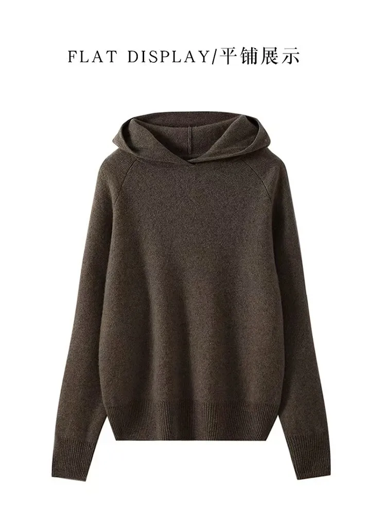 100% pure cashmere knitted hooded sweatshirt for women's 2024 autumn and winter casual wear, inner sweater, outer wear