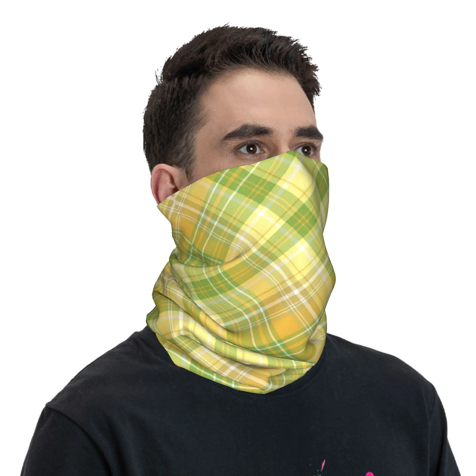 Yellow And Green Plaid Design Bandana Neck Cover Printed Mask Scarf Balaclava Hiking Fishing Unisex Adult Winter view 5