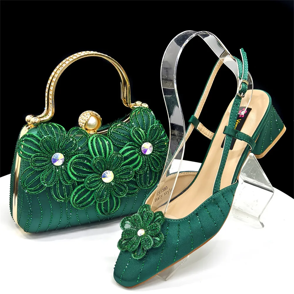 

Stylish And Special Olive Bright Bag Match Women's Sandals Set With Diamond Tassels And Long And Short Double Chains