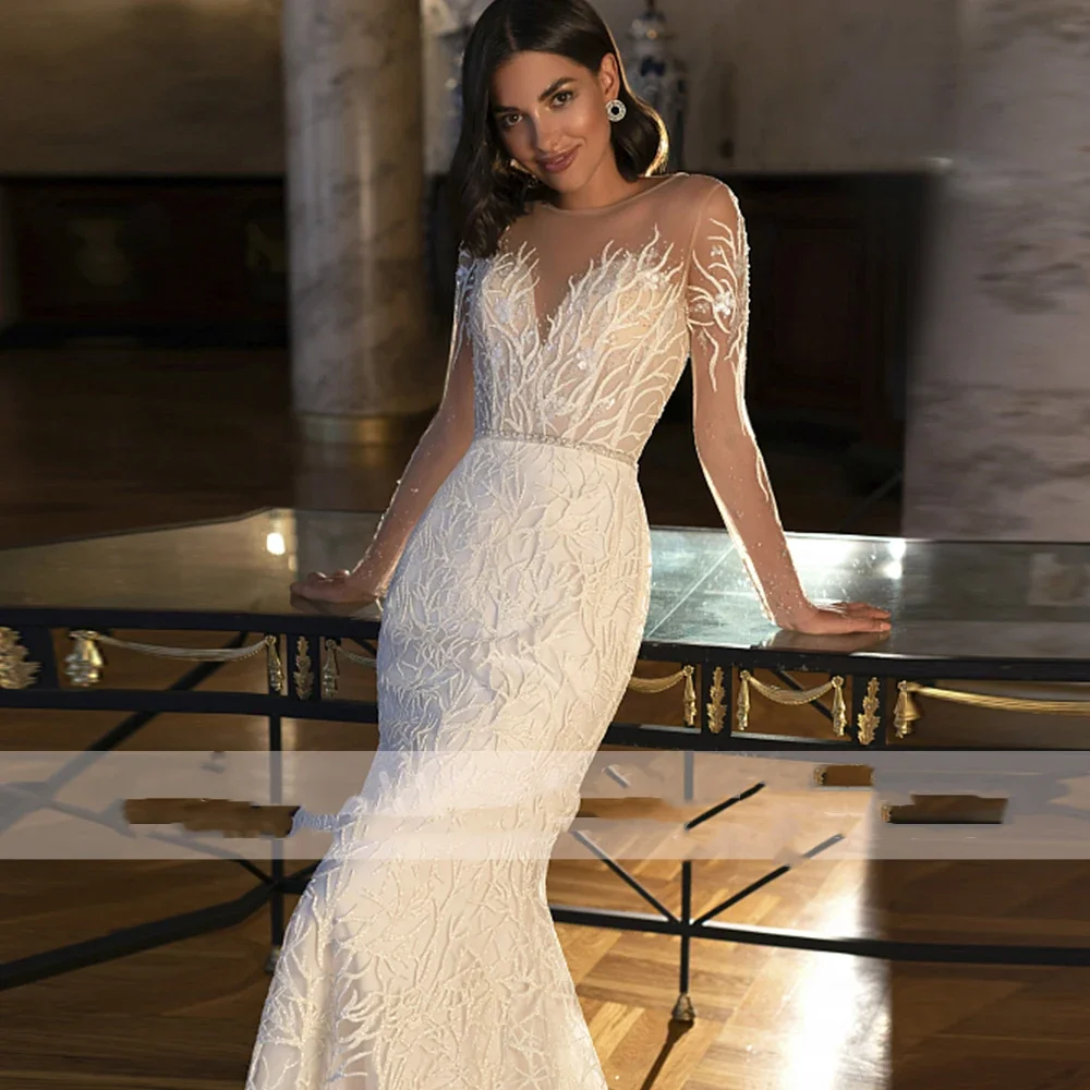 Flavinke personalizado requintado sereia vestidos de casamento rendas mangas compridas vestidos sexy aberto volta zíper vestidos de noiva robe de mariée