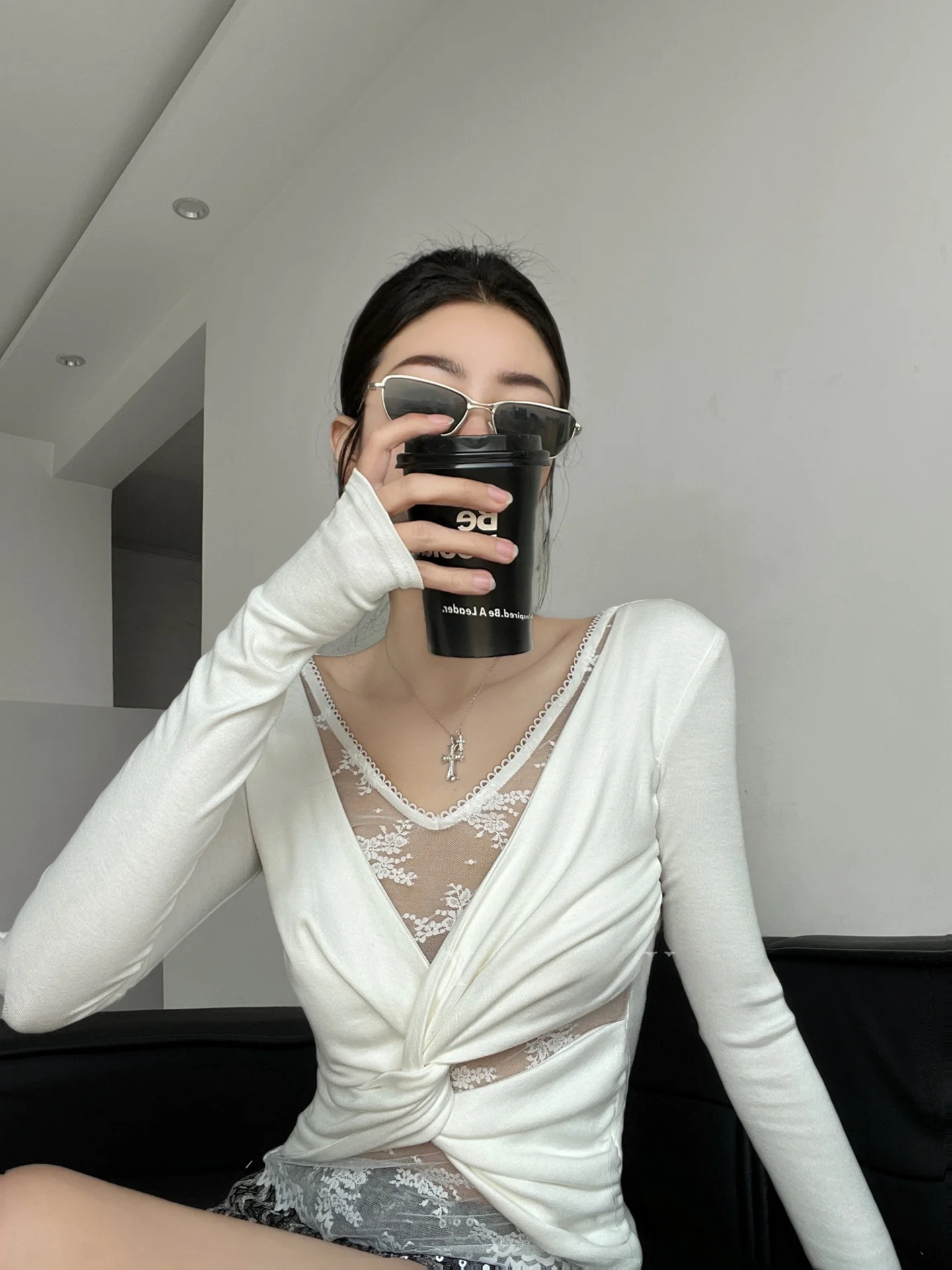 Cseta Sexy Rebel Lady de Manga Larga con Encaje y Nudo, Top Entallado para Mujer, Cuello en V Blanco, Estilo de Dos Piezas...