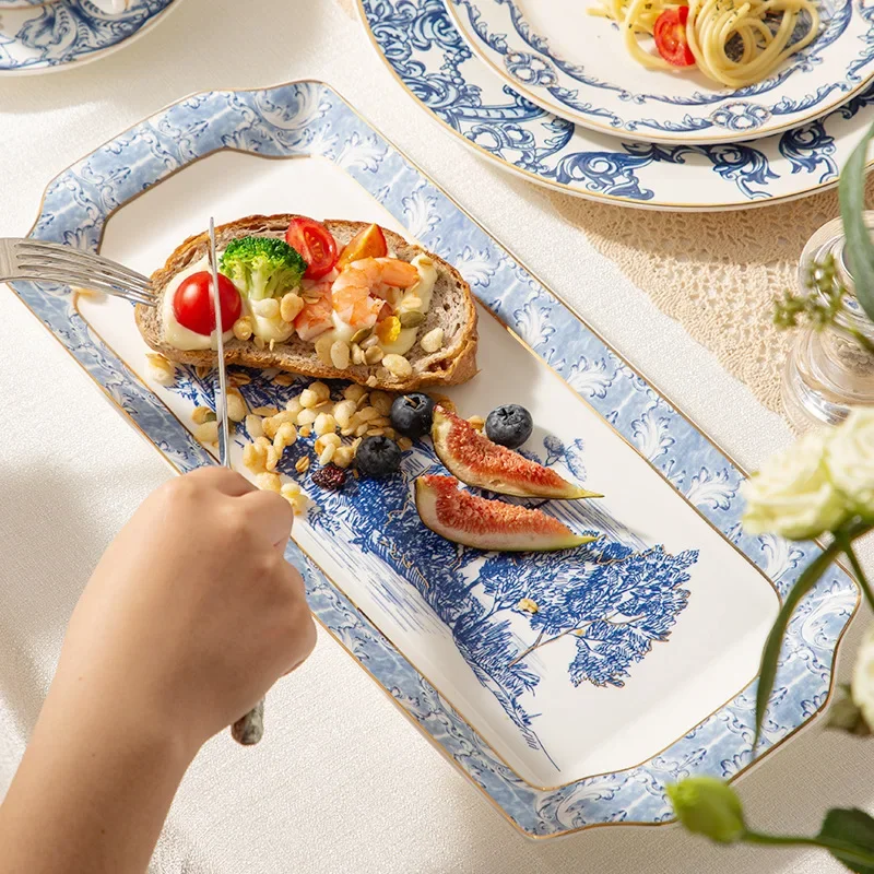 European Vintage Blue Floral Gold Trim Rectangular Cake Plate Porcelain Dessert Fruit Dish For Hotel Restaurant Coffee Shop