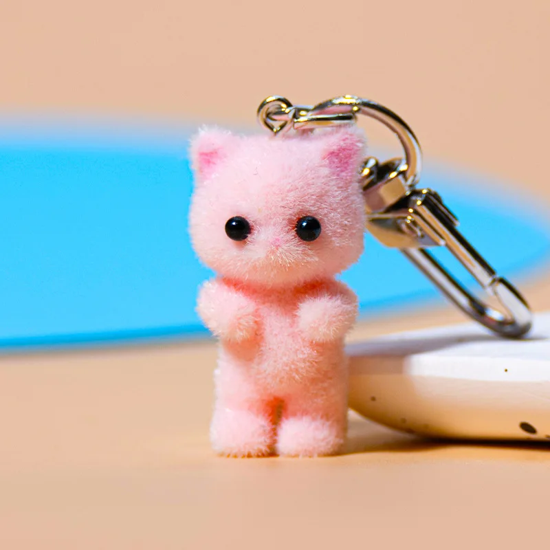 New Cute Cartoon Mini Flocking Cat Keychain Pendant Resin Girls Exquisite Cat Backpack Decoration Pendant Birthday Gifts