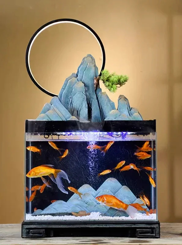

New Chinese Style Glass Fish Tank Stream Aquarium Living Room Desktop Creative Small and Medium Size Fish Globe Change Water