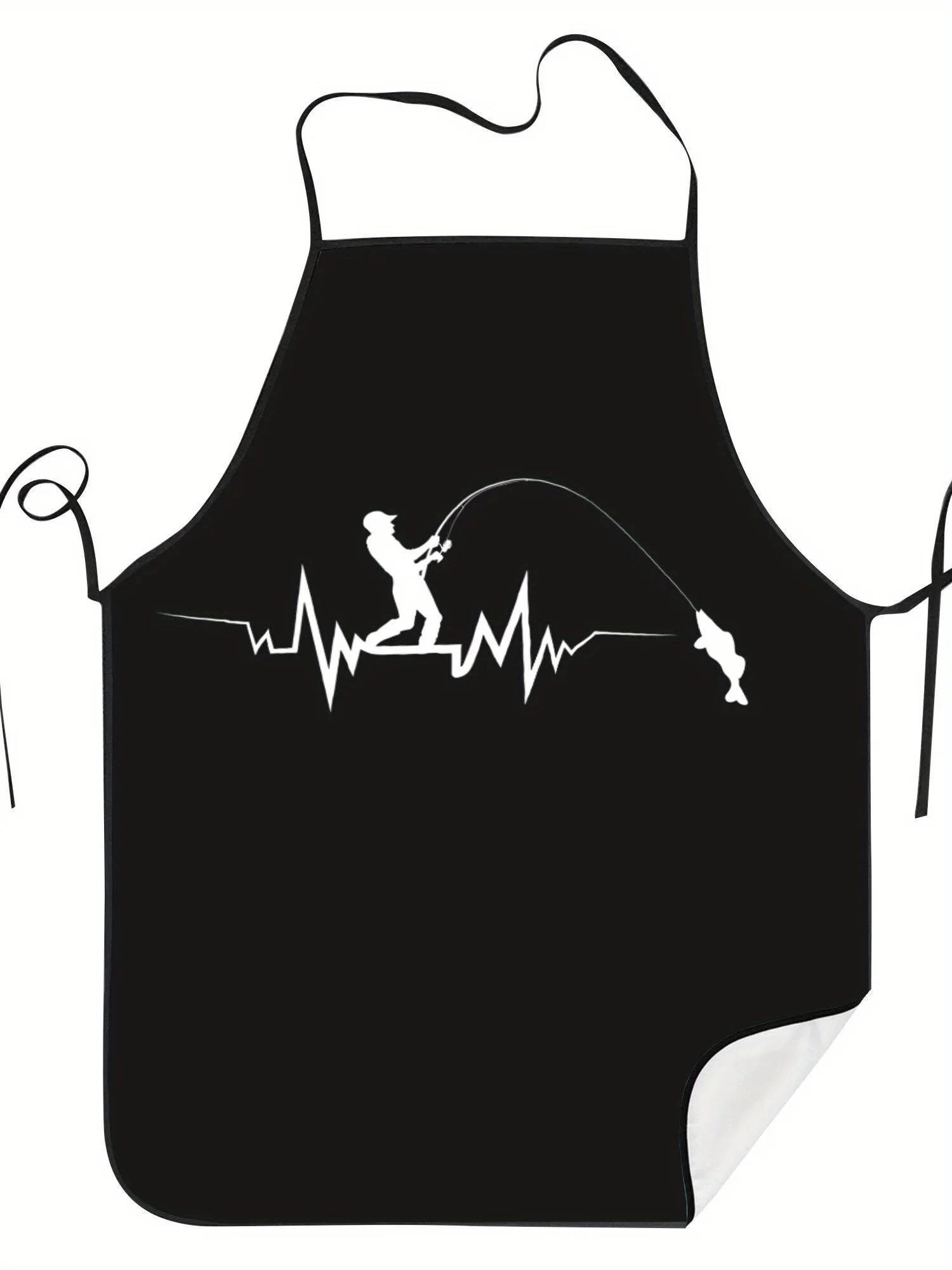 Fishing Heartbeat Apron, Silhouette Angler Graphic Cooking Bib, Outdoor Hobby Kitchen Decor, Gift for Fisherman Dad