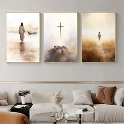 Jesus Walking on Water Pattern Watercolor Art Printmaking Religious Poster Cross Christ Decoration Beautiful Canvas Painting