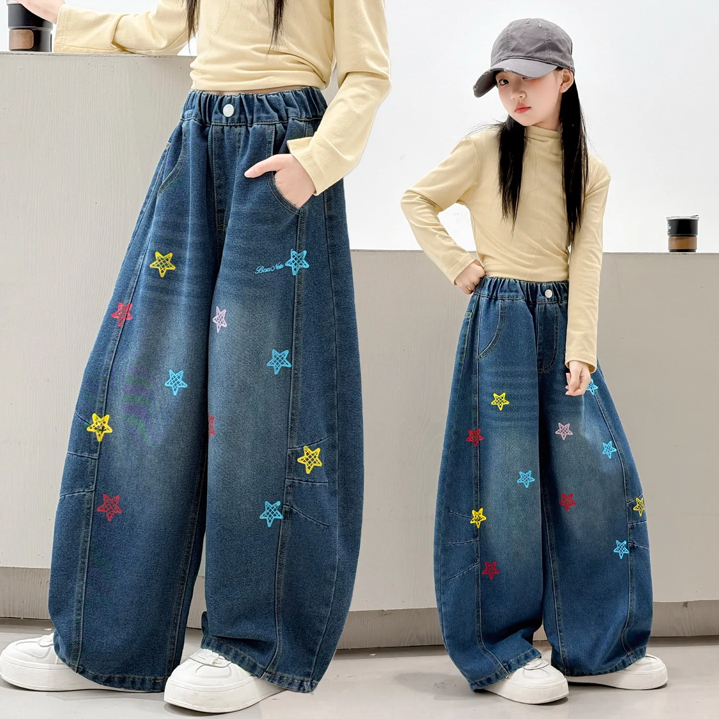 Spring Autumn Girls Fashion Street Curved Jeans Trousers with Pentagram Embroidery Children Loose Casual Stretch Denim Pants