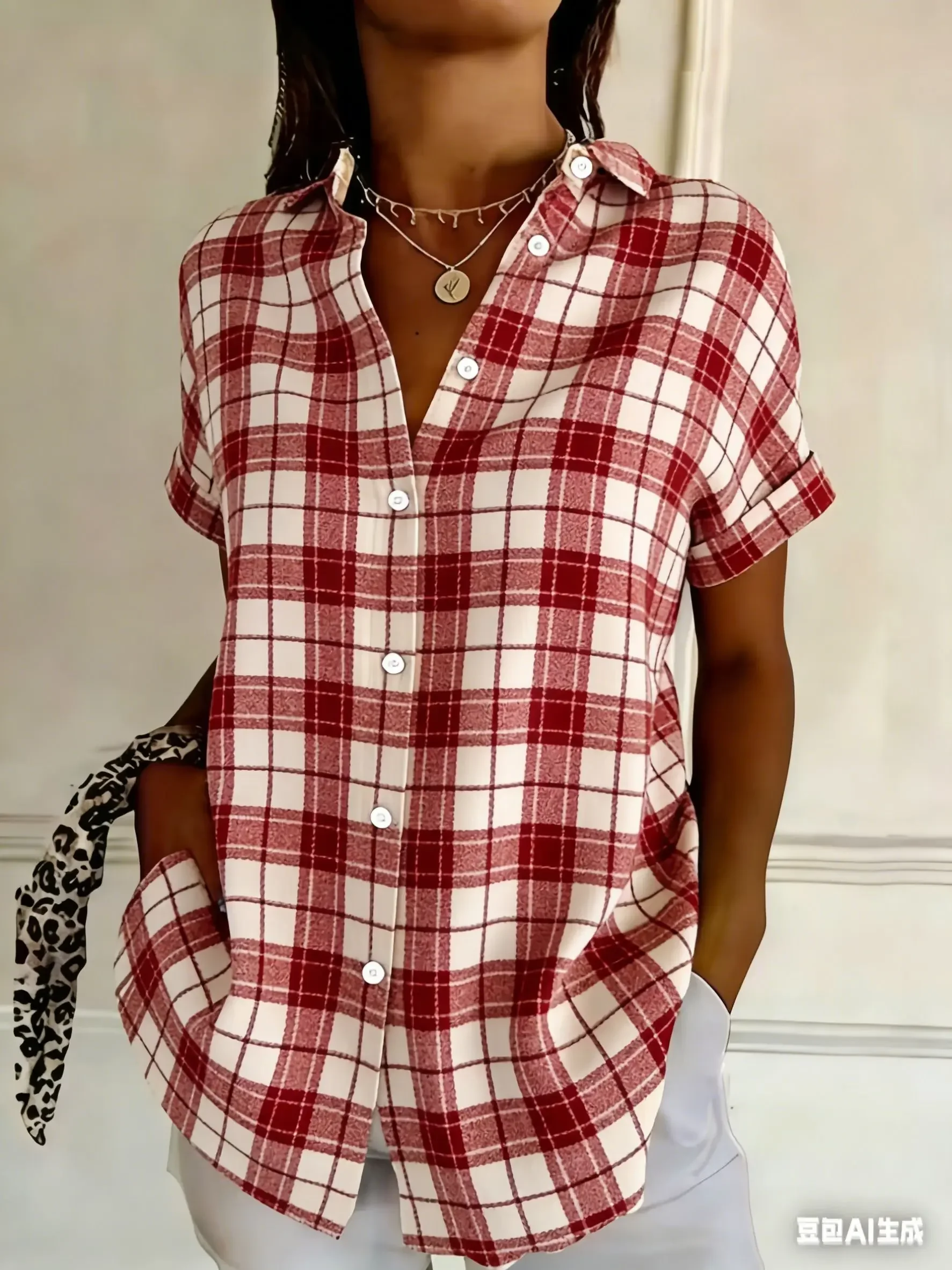 

Women's Light GreenWhite Plaid Print Button Down Shirt Casual Collared Tops for Spring Summer Daily Vacation Shirts