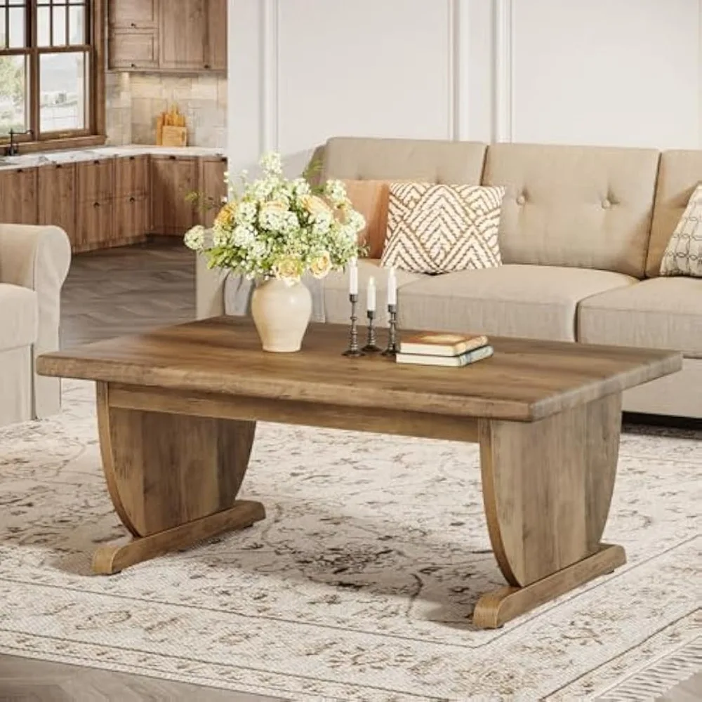 طاولة قهوة كبيرة على طراز المزرعة الخشبية الهندسية مع قاعدة قوية
