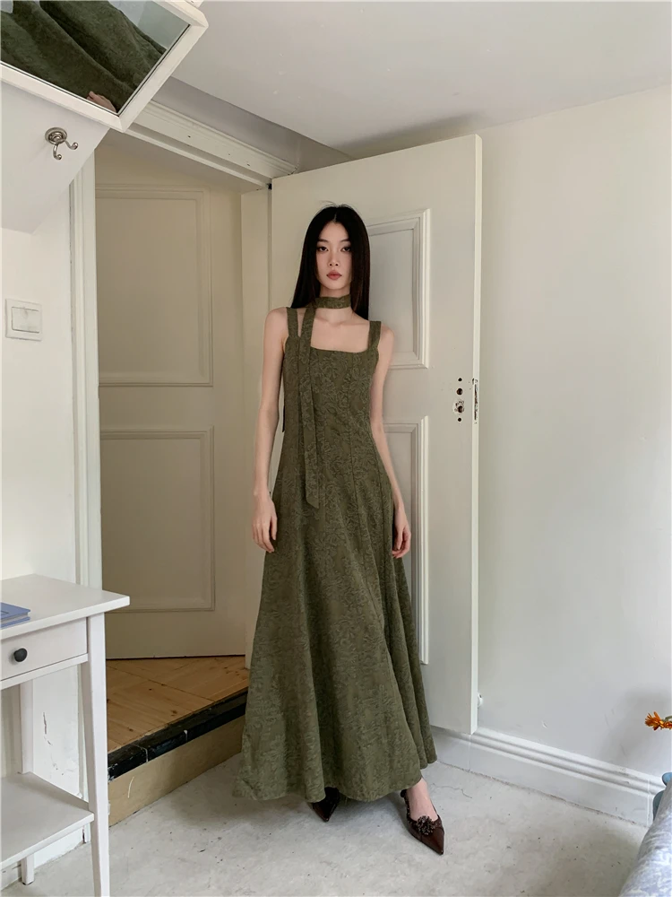 CHEERART Green Vintage Jacquard Backless Long Dress For Women Summer Square Neck A Line Sleeveless Midi Dress Elegant