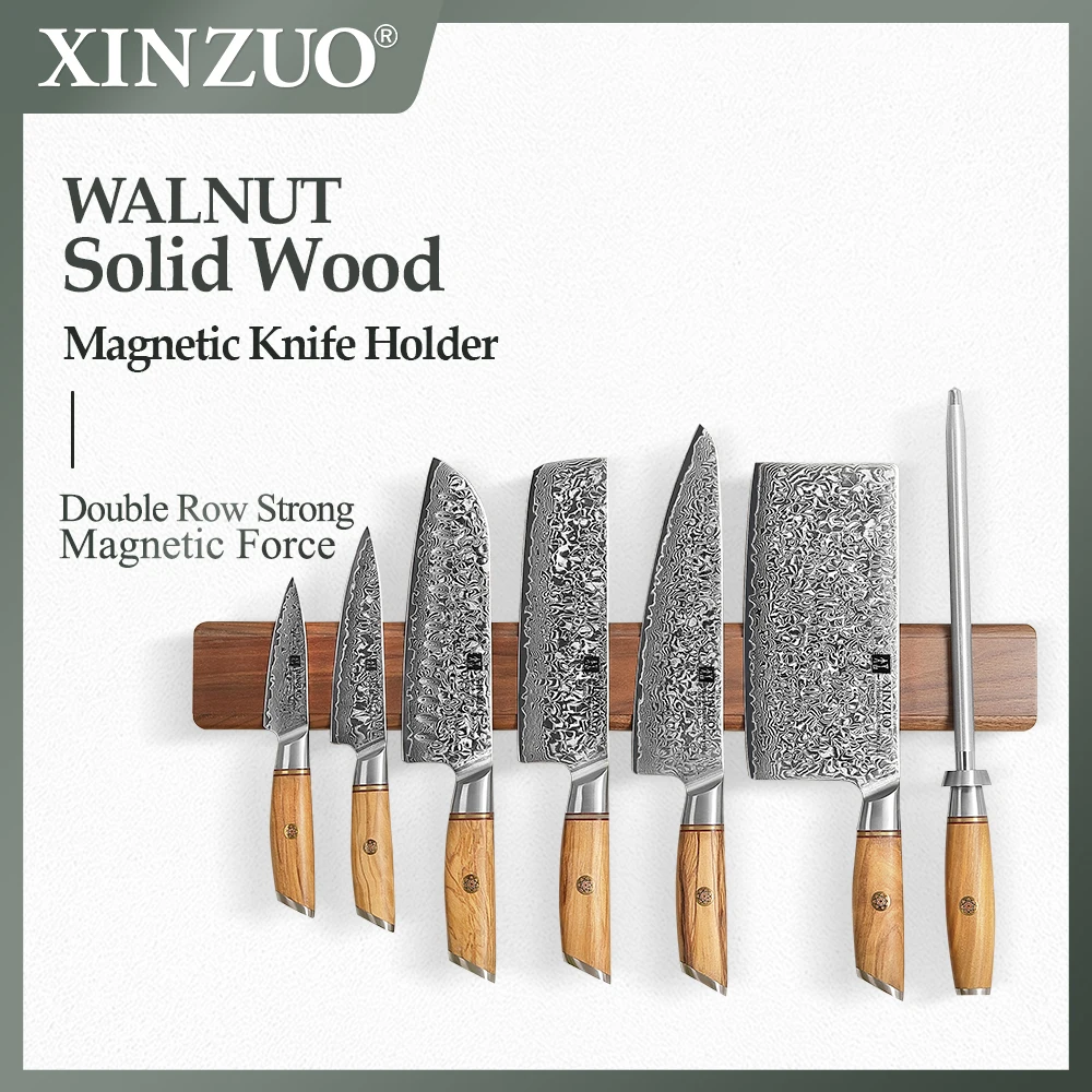 

XINZUO 50cm Magnetic Knife Holder Walnut Solid Wood Double Row Strong Magnetic Force Innovative Design Multi-functional Storage