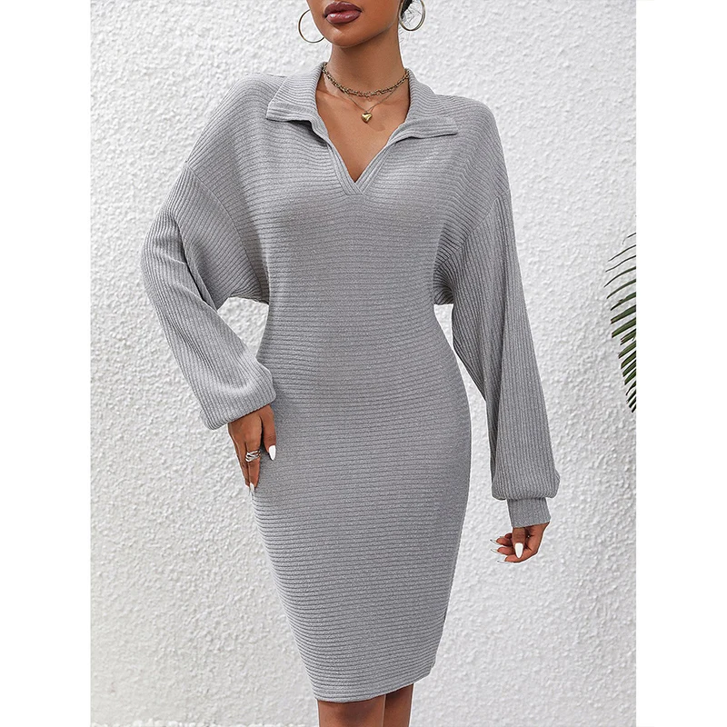 

Autumn Minimalist Elegant Fashion New Gentle Dress Women V Neck Crochet Long Batwing Sleeve Loose Casual Solid Color Midi Robes