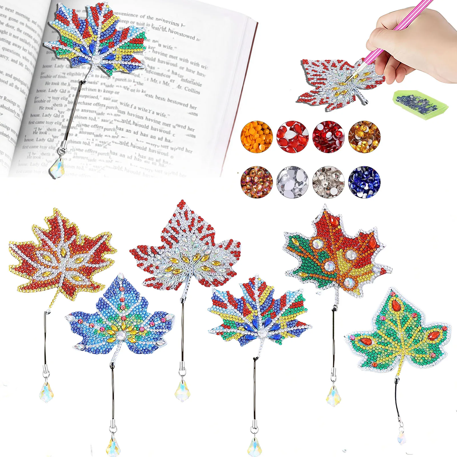 6 DIY Diamant-Malsets, Acryl-Lesezeichen mit Ahornblatt-Motiv, Geeignet für Bücher und Notizbücher von Leseliebhabern.
