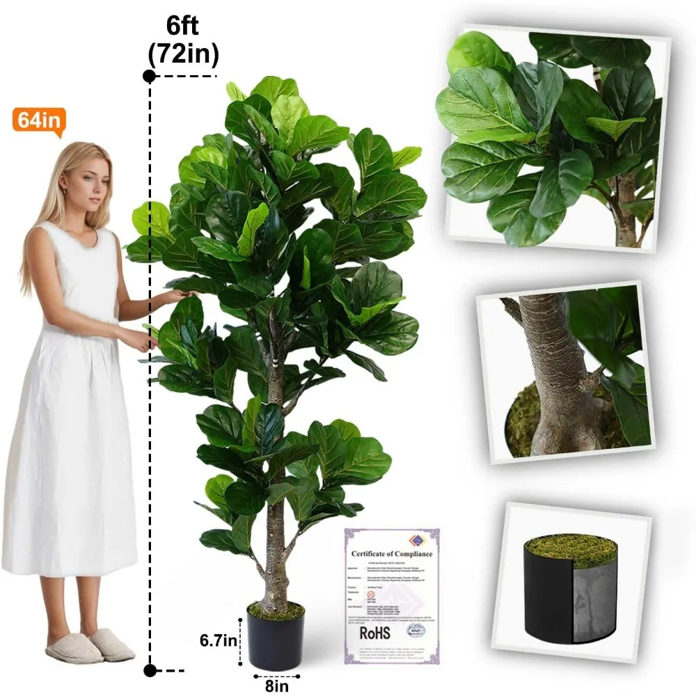 6ft Artificial Fiddle Leaf Fig Tree for Home Decor, 6 Feet Large Faux Plant Fake Ficus lyrata Silk Trees with Pot for Indoor