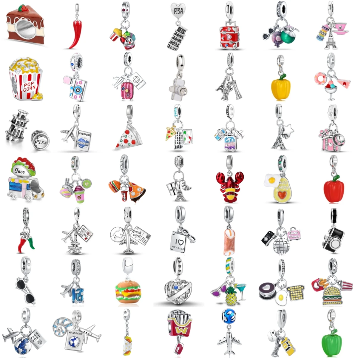 Colgantes con temática de comida y viajes: Pizza, Hamburguesa, Palomitas, Chile, Pastel, Taco, Torre de Pisa. Compatibles con joyería DIY original. Regalo.