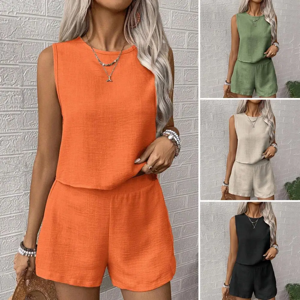 

Two-piece Suit Women's Summer Beach Outfit Set Sleeveless Top High Waist Shorts Casual Vacation Clothes for Women Solid Color