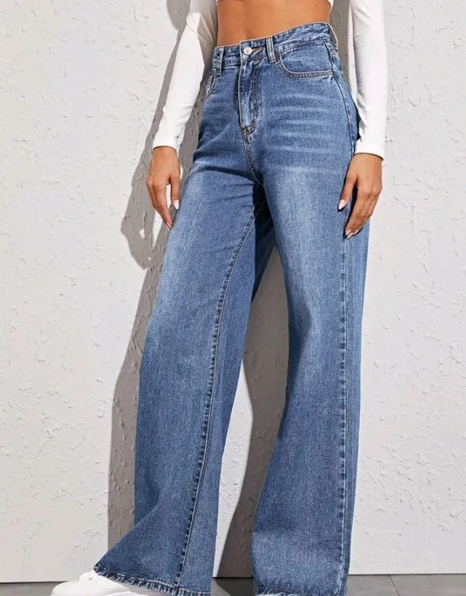 Women Denim Wide Leg Pants Jeans Washing Loose High Waist Pockets Zipper Fly Solid Ankle Length Basics 2024 Distressed