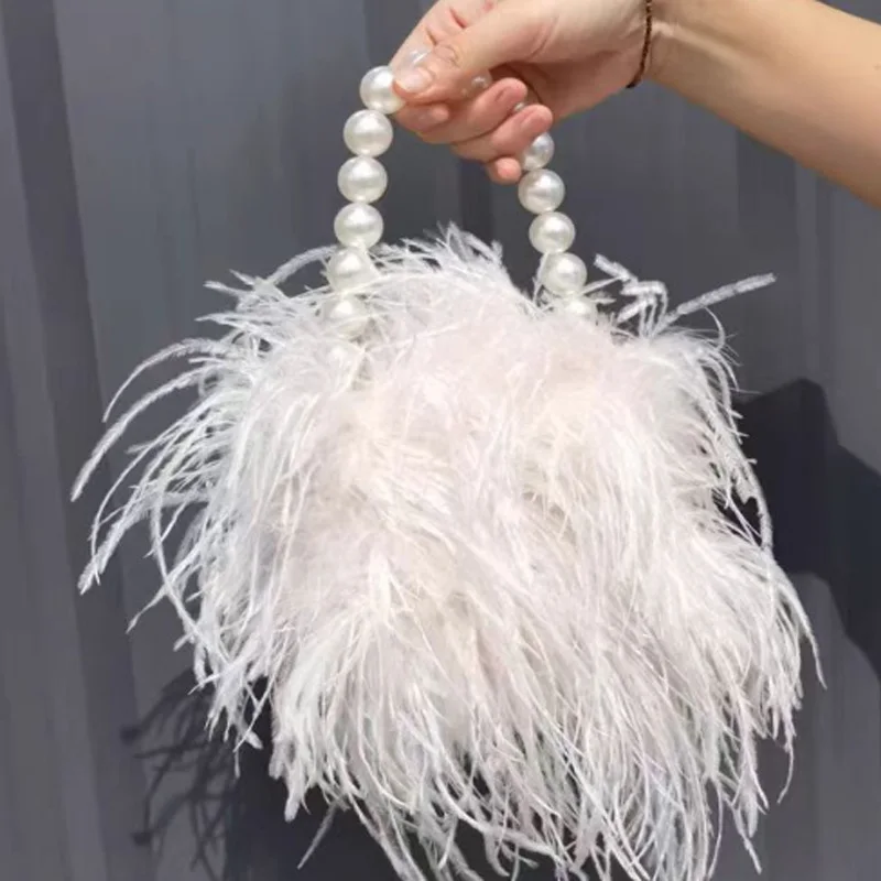 2024  Winter Luxury Ostrich Feather Clutch Purse Wedding Bag For Women