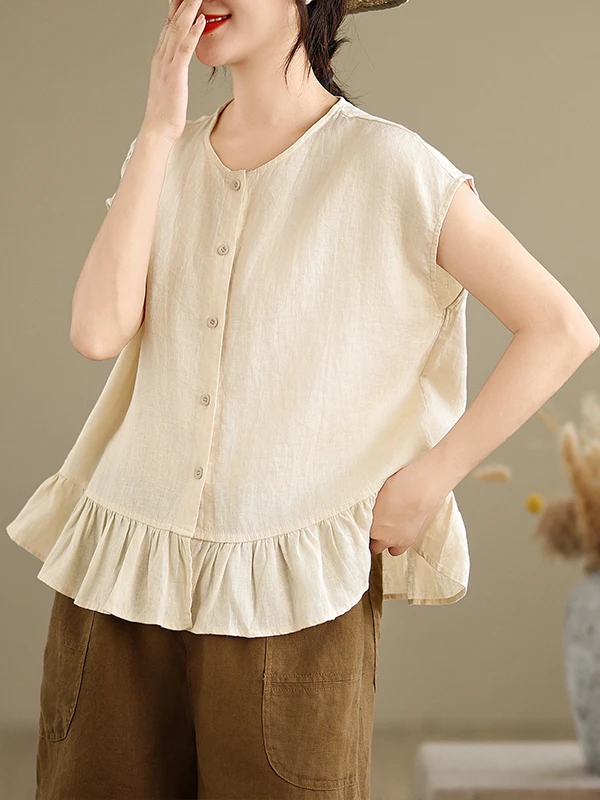 

Summer New Linen Shirt Women's Casual Loose Fit round Neck Short Sleeve No Pocket Breathable Comfortable Skin-Friendly Top