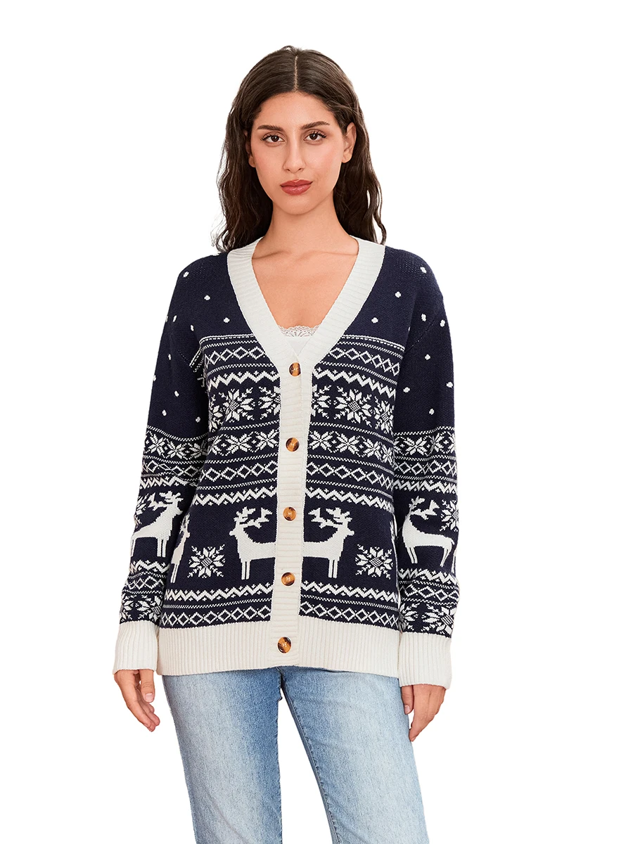 Women s Button Down Knit Cardigan Reindeer Snowflake Print Long Sleeve V-Neck Sweater Christmas Clothes