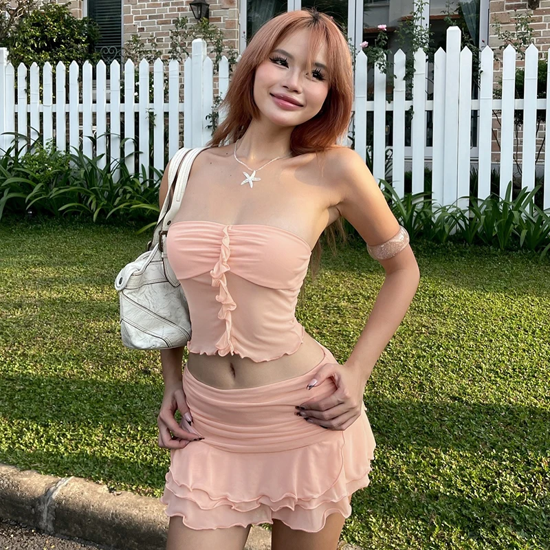 

CUTENOVA Women Solid Color Skinny Temperament Strapless Tank Crop Top+Pleated Layered Lace Mini Skirt Set Sexy Summer Sweetheart
