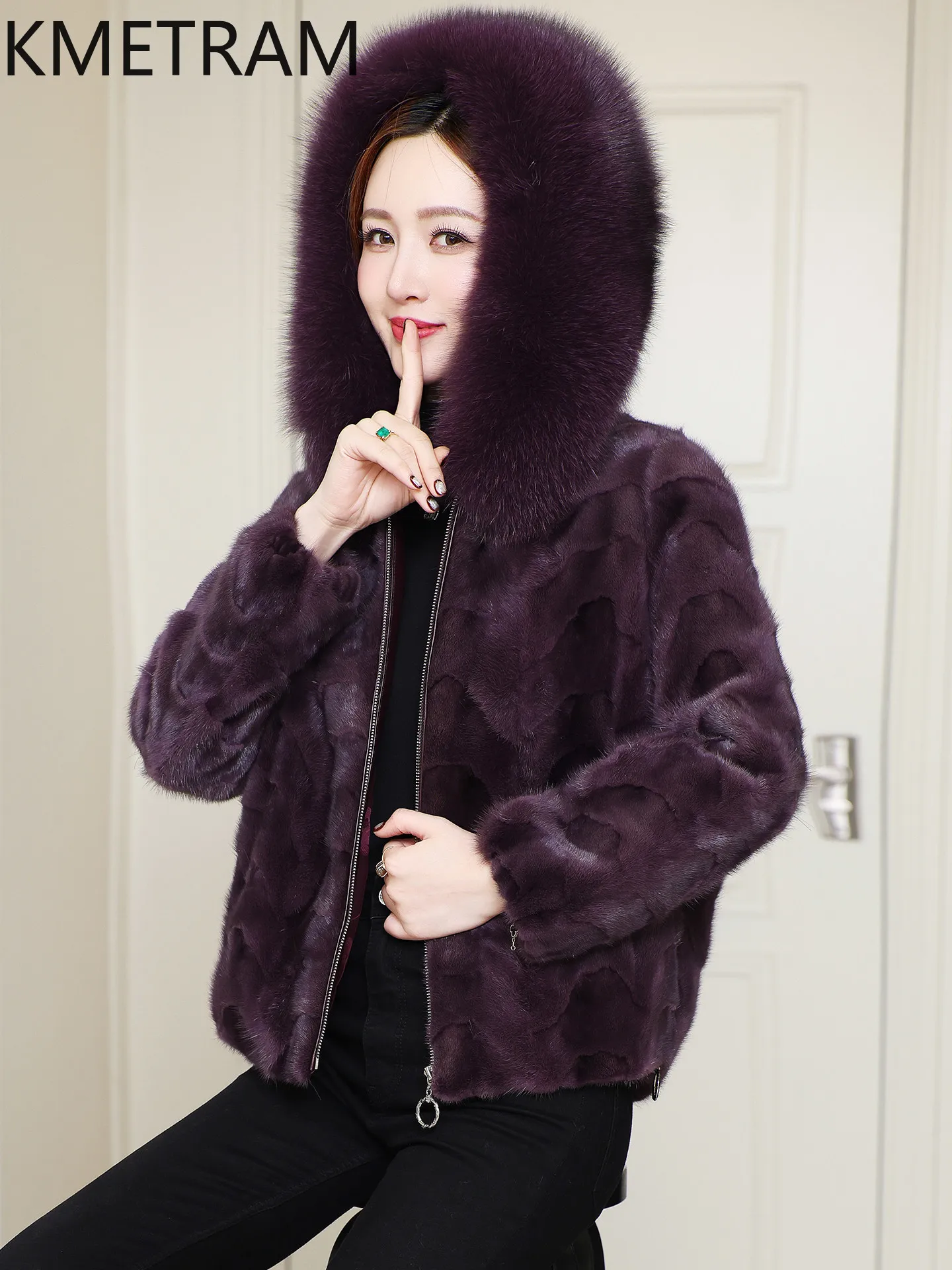 KMETRAM Natural Mink Fur Jacket Women Hooded Fox Fur Collar Short Coats 60cm Casual Loose Winter Fur Coat Woman Clothing 2026 자켓