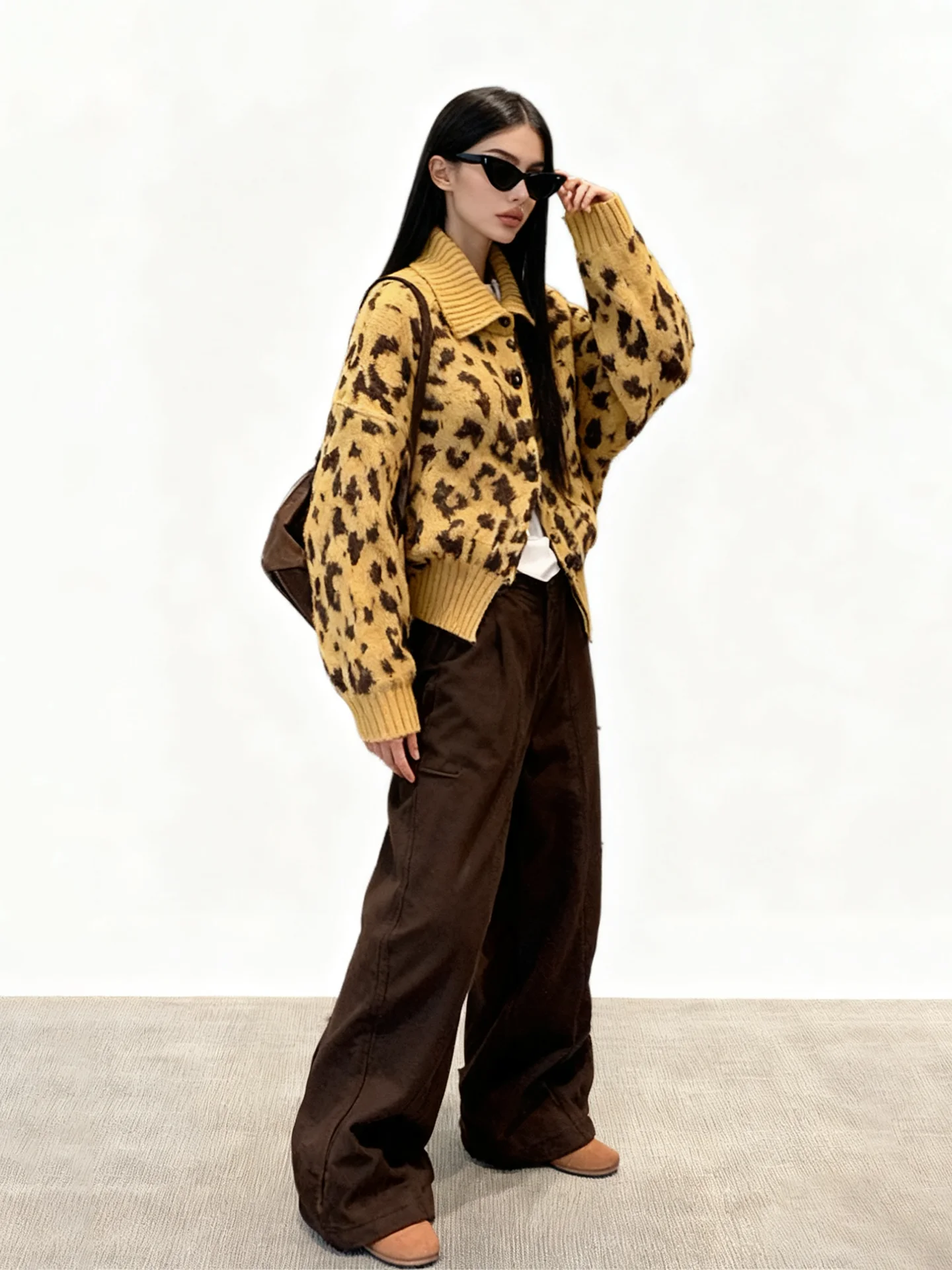 

JYOOK American Sle Stand Collar Vintage Leopard Print Women's Knitted Loose Sweater Cardigan Autumn Winter Lazy Sle