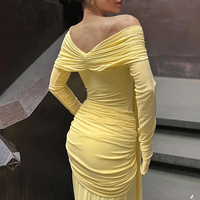 Spring Autumn Off Shoulder Long Sleeve Party Dress Womens Sexy Slash Neck Hollow Long Dress Elegant Lace-up Slim Bodycon Dresses