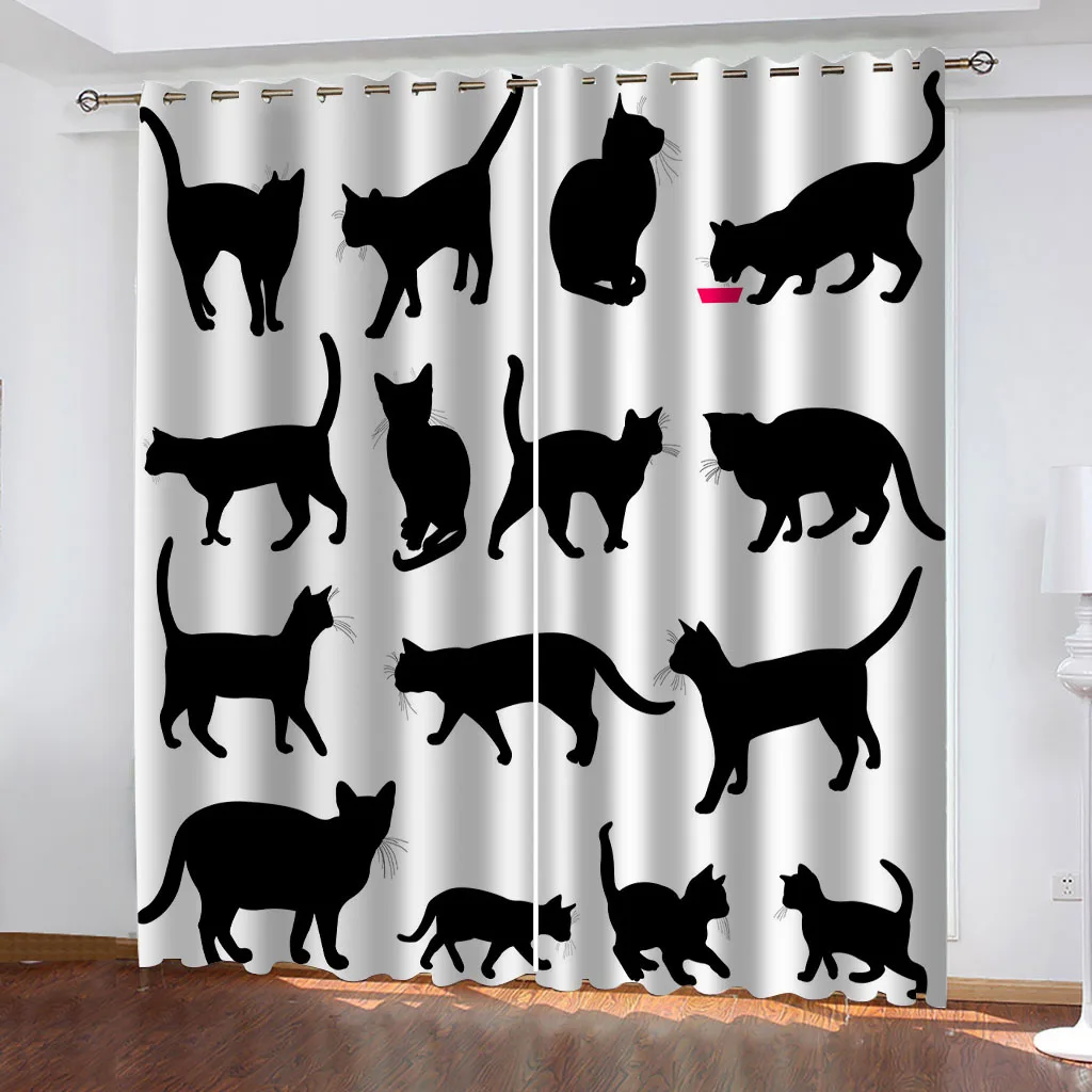 Blackout Curtains 100% Curtain For Kids Room 3D Living Room Curtains Black Kitten Print, Curtain Set For Boys Modern 2Pieces